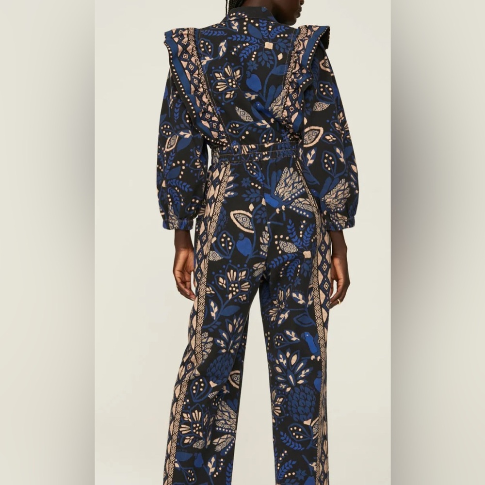 FARM Rio Navy Blue and Tan Floral Ruffle Jumpsuit - Picture 3 of 7